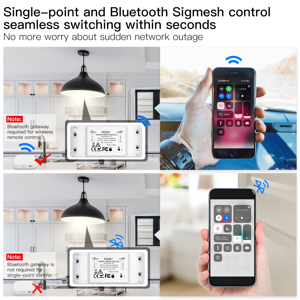 Módulo de relé de interruptor inteligente Bluetooth Control de un solo punto y emparejamiento sin red WiFi Control remoto inalámbrico funcional Bluetooth Sigmesh con puerta de enlace Bluetooth