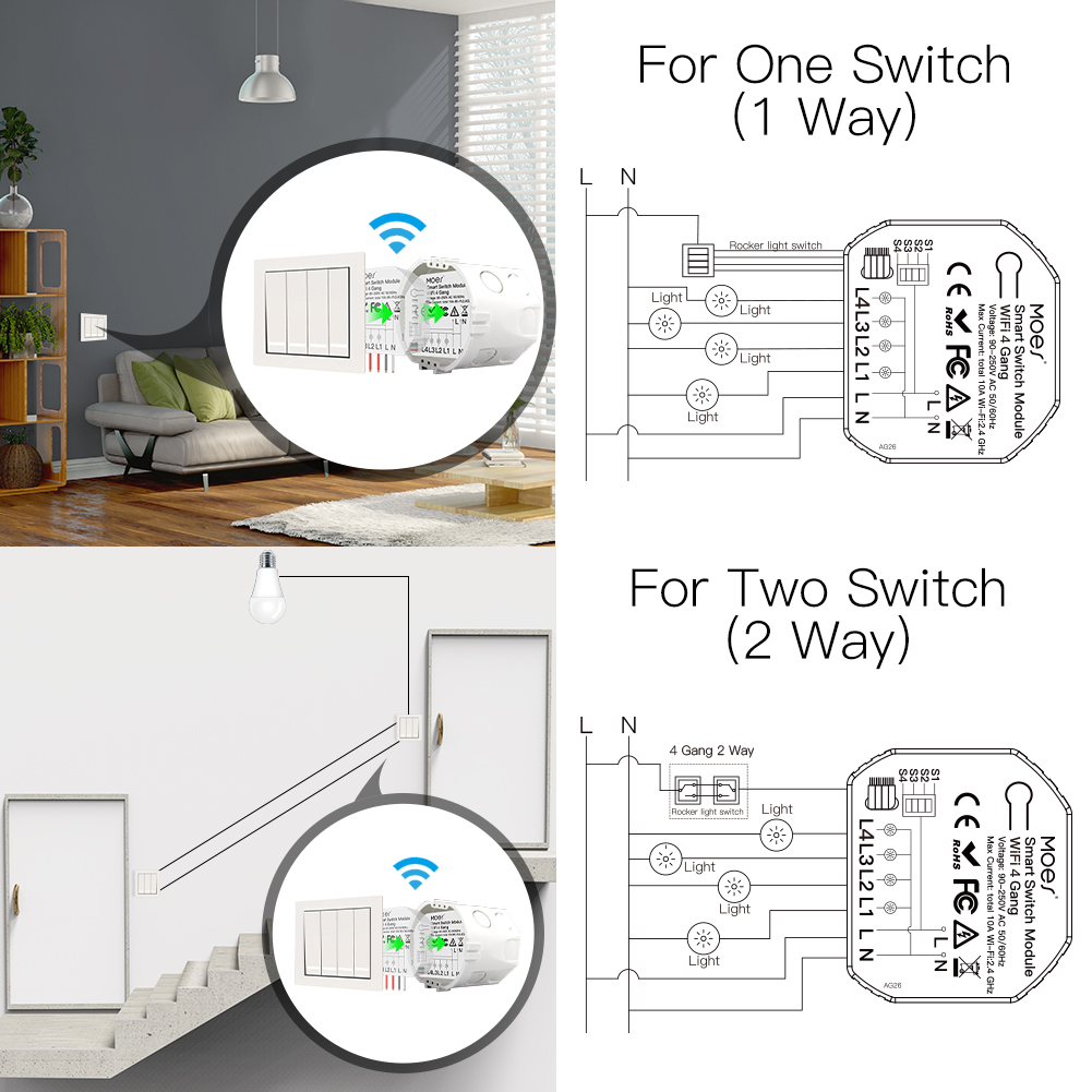 Módulo de interruptor de luz WiFi de 4 bandas Mini tipo oculto