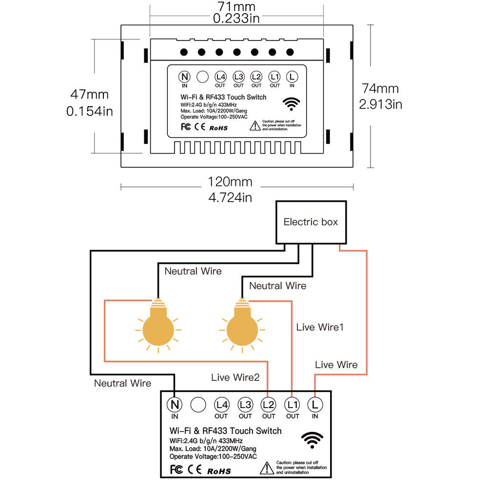 Interruptor de luz inteligente WIFI RF de 4 bandas tuya con neutro